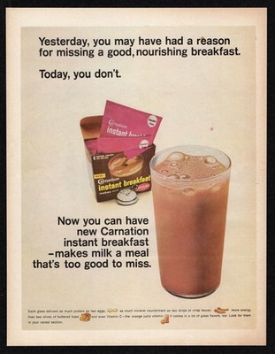 1966 Carnation Instant Breakfast Chocolate Milk Nourish Protein Energy Print Ad