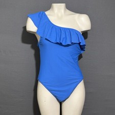 J. Crew One Shoulder Ruffle Trim Swimsuit Sz Medium Cobalt Blue