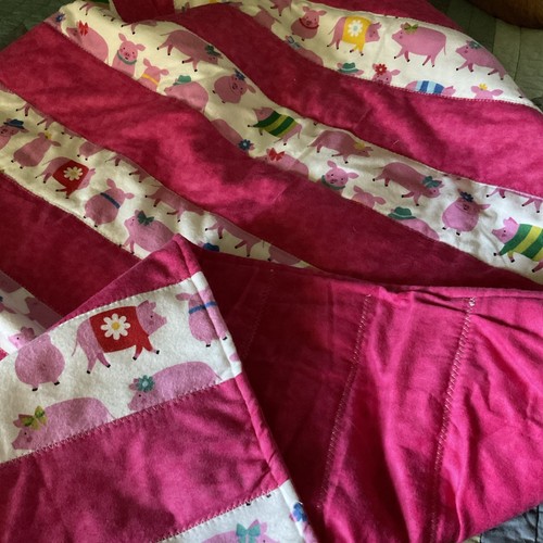 Handmade Flannel Strip Quilt 40x 60 Fancy Pigs In Pink - Picture 3 of 4