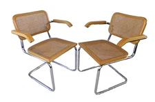 Pair of Cesca Armchairs B64 Cane Chrome Cantilever Marcel Breuer Attr Italy 80s