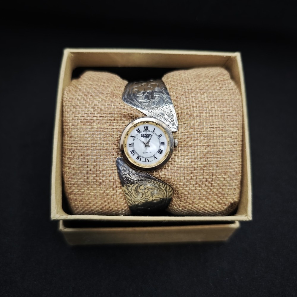 vintage Henri S Paris Western tooled sterling silver watch cuff