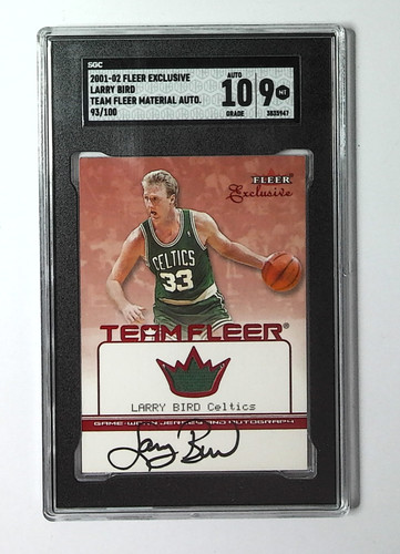 Larry Bird 2001 Fleer Exclusive Team GU GAME USED Material /100 SGC 9 AUTO 10