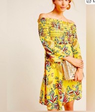Anthropologie Farm Rio Bria Smocked Mini Dress Size SMALL Off Shoulder Yellow