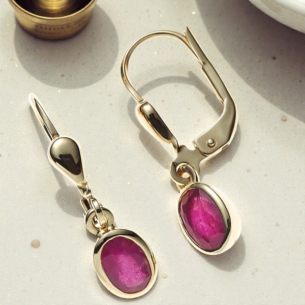 Boutons Oval 585 Gold Gelbgold 2 Rubine Rot Ohrringe OhrhäNger Goldohrringe-image