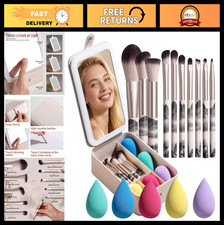 Large LED Makeup Mirror Case 15 Pcs Travel Makeup Brush Set - Beauty Essential