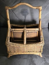 Vintage 1970s Bamboo Wicker Basket - Utensil Caddy, Wine, Storage 15x11x11