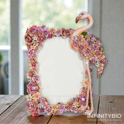 Jay Strongwater Agnes Flamingo Floral 5x7 Frame SPF5901-256 | 398 Crystals | 14K