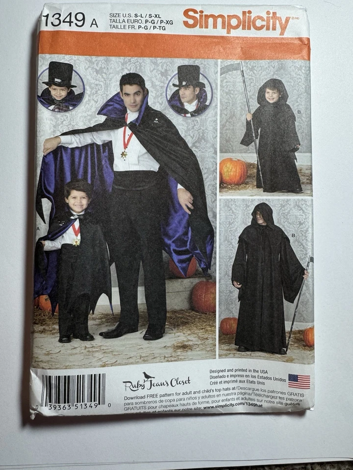 Simplicity 1349 Men's & Boys' Costume Capes w Collar or Hood Sz S-L, S-XL UNCUT - Image 2 of 4