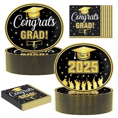 100Pcs Graduation Oval Paper Plates and Napkins Set - 10'' x 12'' Large Disposa...
