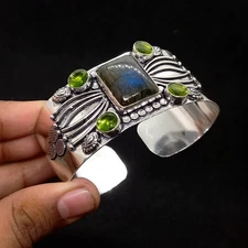 925 Sterling Silver Labradorite  With Peridot Gemstone Jewelry Cuff Bracelet