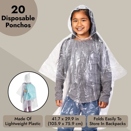 Juvale 20-Pack Disposable Rain Ponchos for Kids - Emergency Raincoats with Hood - Picture 7 of 7