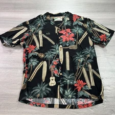 Paradise Found Shirt Mens Small Black Hawaiian Floral Surfboards Ukulele Aloha