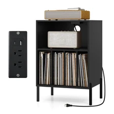 Record Player Stand w/Charging Station 5 Storage Compartments Anti-toppling Kits