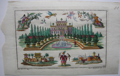 M. Engelbrecht (1684-1756) ornamental engraving fountain Chinoiseries col copperplate 1740
