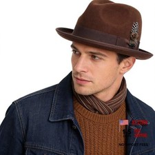Wool Fedora Hats for Men Women Wide Brim Felt Panama Hat X-Large Feather-brown
