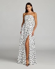Mac Duggal 56248 White Polka Dot Strapless Viscose Gown With Slit sz 6