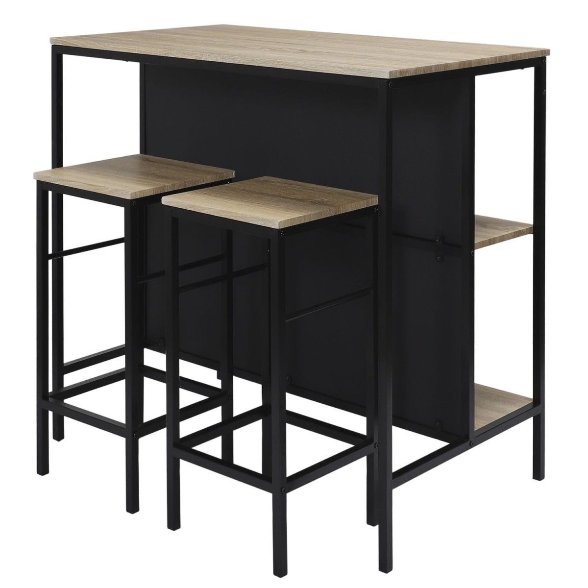 Ilot de cuisine 100cm Loka noir avec tabourets : mange-debout et plan de travail compact