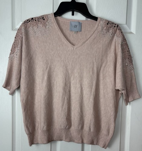 Camicetta maglia ricamata donna M scollo a V borchie pipistrello ufficio preppy artsy morbida - Foto 1 di 7