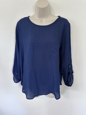 Lily White XL Navy Blue Red Polkadot Blouse Roll Tab Sleeve Lightweight Top