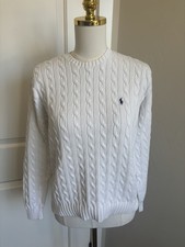 Polo Ralph Lauren Sport Cable Knit Sweater White Cotton Crewneck Pony Logo Large