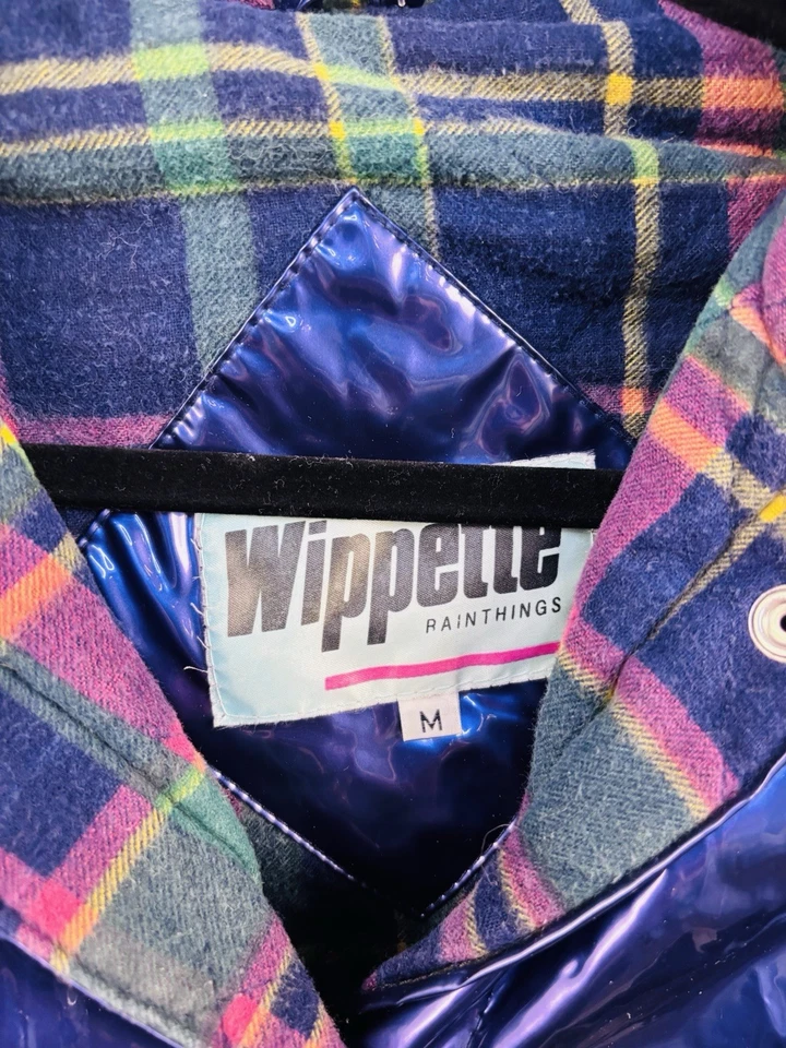 Vintage 90’s Wippette Medium Blue Hooded Shiny Rain Coat Flannel Plaid Lining - Image 3 of 4