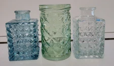 3 DIAMOND POINT DECORATIVE BOTTLES TEAL GREEN AND CLEAR 3.5 AND 4 INCHES