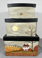 3 Hand Painted Nesting Boxes Fall Halloween Storage Set Primitive Folk Art
