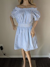 J Crew Mini Dress Women's Medium Blue White Stripe Off-Shoulder Smocked Poplin