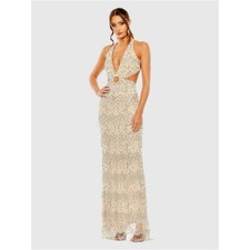 Mac Duggal 93956 Nude Open Back Cut Out Fringe Embellished Gown Size 4 NWT