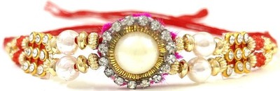 Kundan Rakhi Bracelet Studded with Glass Crystals and Silk Strings & Tika Gift