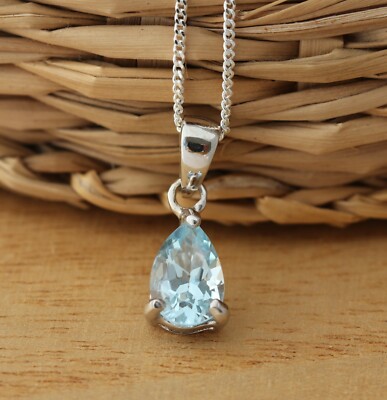 Natural Teardrop Blue Topaz 925 Sterling Silver Dainty Pendant Necklace Boxed