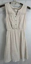 Naif Womens Beige Dress Boho Crochet Trim Button Front Elastic Waist Size M