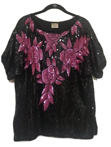 Blusa Vintage Elegance By Anajan Talla M Negra Lentejuelas Manga Corta Seda Fiesta - Imagen 4 de 6