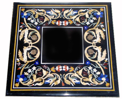 24 Inch Marble Coffee Table with Pietra Dura Semi-Precious Stone Inlay Home Decor