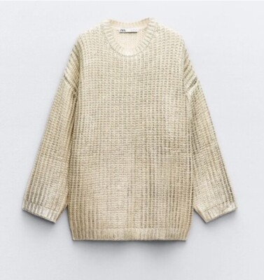 ZARA NEU DAMEN OVERSIZE FOLIENSTRICK PULLOVER HELLGOLD/SILBER Gr XS 9598/287