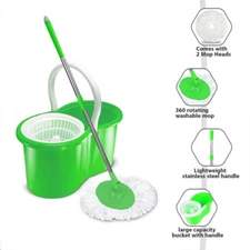 360° Rotating Head Green Easy Spin Floor Mop Bucket+1/2 Head Microfiber Spinning