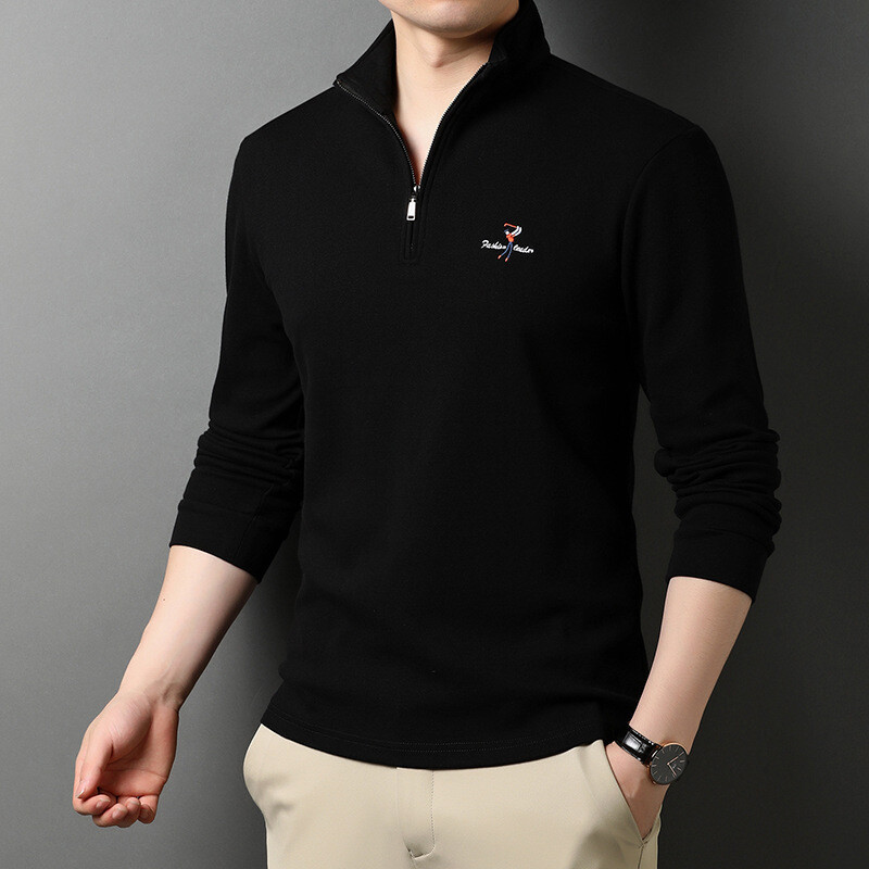 Men's Simple Solid Zipper Winter Outdoor Warm Long Sleeve Polo