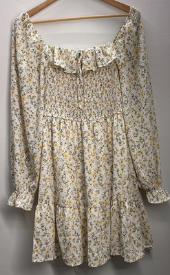 Blu Pepper Smocked Puff Long Sheer Sleeve Dress White Yellow Floral Size Medium