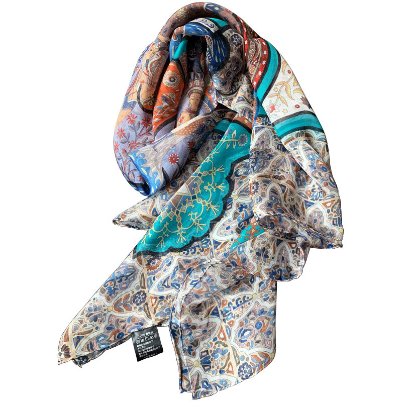 Pure Chiffon Silk Wrap Scarf Sarong Beach Hand rolled Vintage Print Thin 54