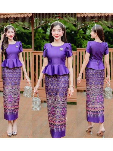 Thai Cotton Dress Traditional Women Skirt Blouse Fashion Printed Long Laos Asian - 第 4/20 張圖片
