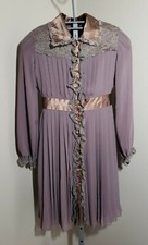 ANNA SUI Brown Button Down Lace Pleated Long Sleeve A line dress sz 2