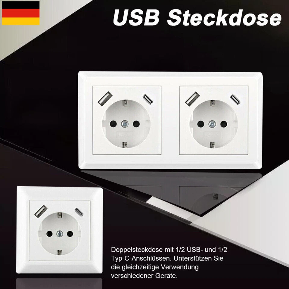 1-10X Steckdose mit USB-A & USB-C, 4000W, passend für Gira 55, JUNG AS 500, Weiß - Bild 2 von 4