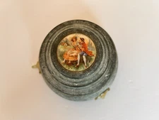 VTG Thorens Switzerland Silvertone Metal Powder Music Box Mirror  PLAYS MUSIC