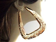 LARGE HOOP EARRINGS GOLD TONE RETRO TRIANGLE SHINY GOLD HOOPS 3.25 IN L 3 IN W
