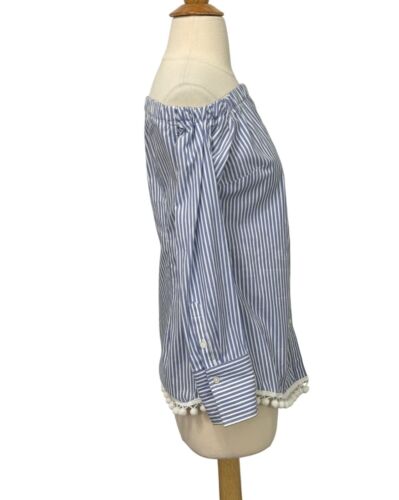Kate McHale Jensen Striped Off Shoulder Shirt Pom-Pom Trim Blue White Size XS - Picture 3 of 7
