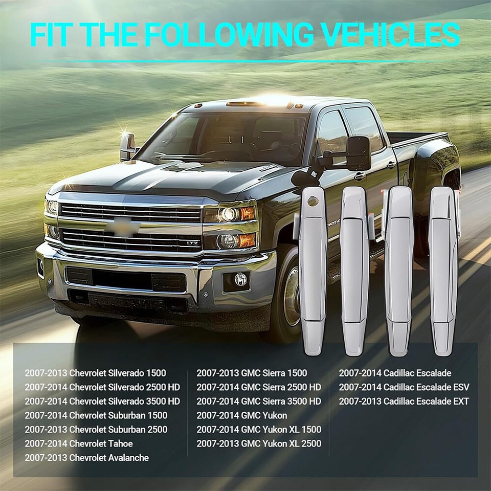 Jeu De 4 Poignées De Porte Extérieures Chromées Pour Chevy Tahoe/GMC Yukon 07-13 - Avec Serrure