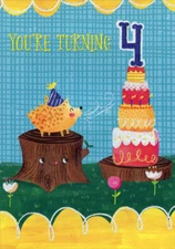 Porcupine on Tree Stump Designer Greetings Age 4 / 4th Birthday Card