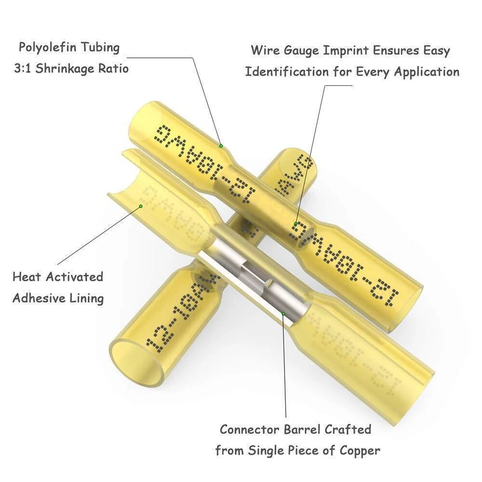 50-300 AWG 12-10 Gauge Heat Shrink Crimp Terminals Wire Butt Connectors Yellow - Image 4 of 4
