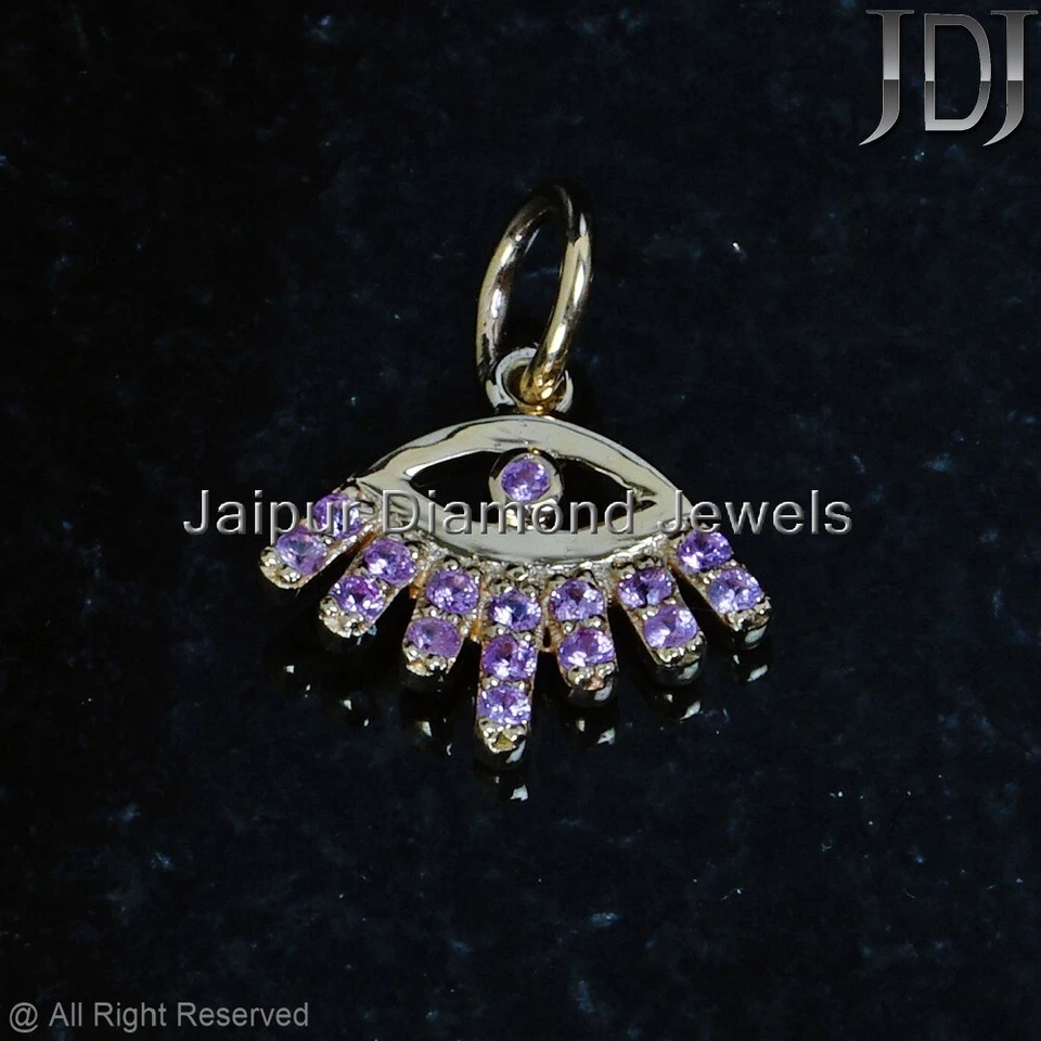 Solid 14k Yellow Gold Jewelry Natural Pink Sapphire Gemstone Evil Eye Pendant - Image 2 of 4
