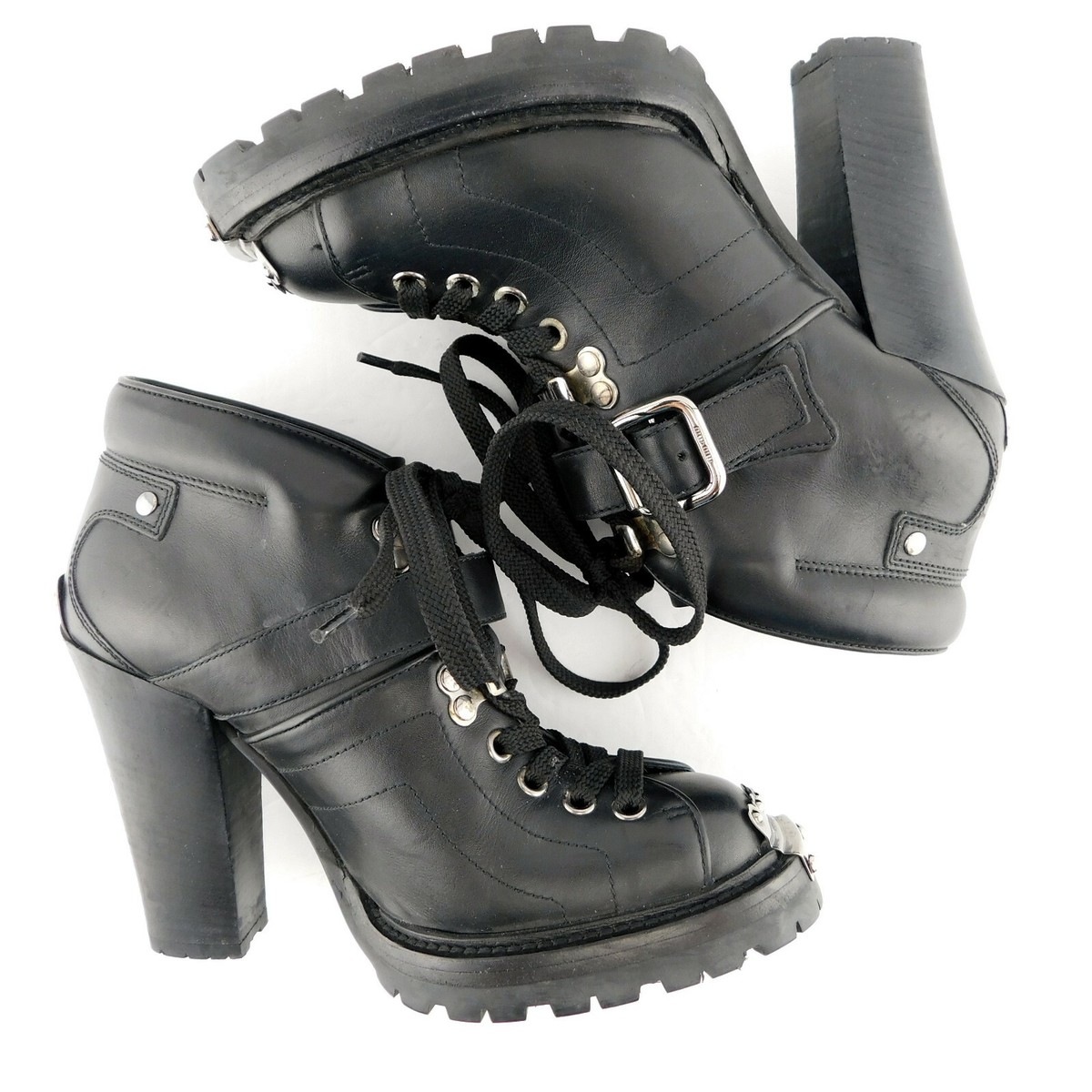 MIU MIU Size 5 Black Leather Steel Plated Lace Up Ankle